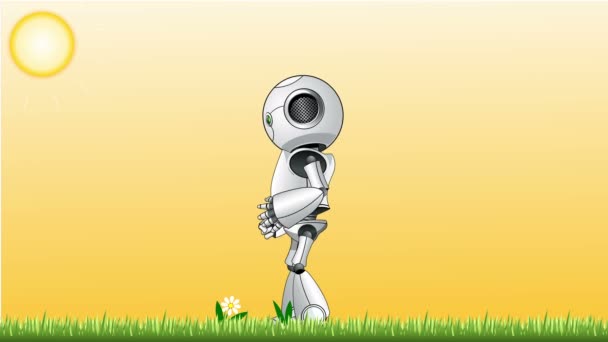 在阳光明媚的日子里 一个2D机器人在草地上玩球时的动画 一种卡通风格 — 图库视频影像