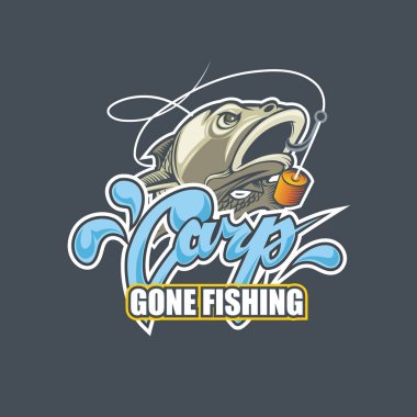 Balıkçılık logoları güzel bir isim sazan balığı ve balık yemi yutar..