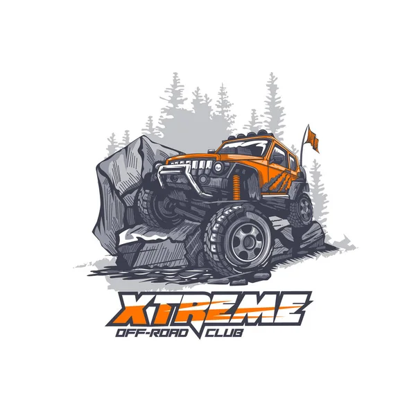 Off-road otomobili dağlardaki aşırı engelleri aşıyor. Vektör grafiklerinde illüstrasyon.