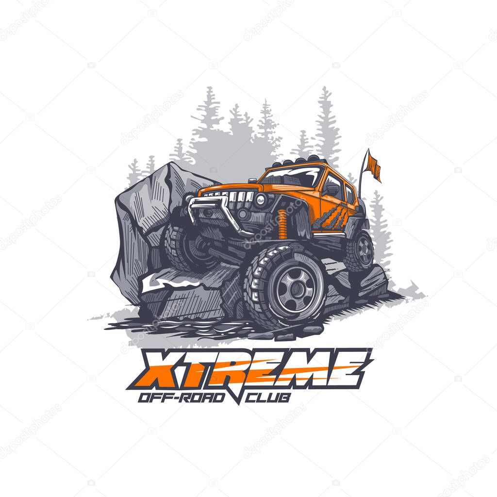 Off-road car overcomes extreme obstacles in the mountains. Illustration in vector graphics.