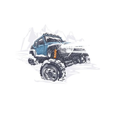 Mavi off-road arabası karlı kışta zorlukların üstesinden gelir..