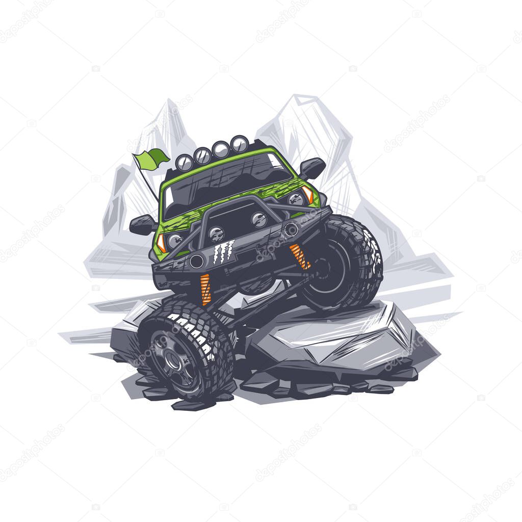 Off Road car goes through difficult obstacles in the mountains.