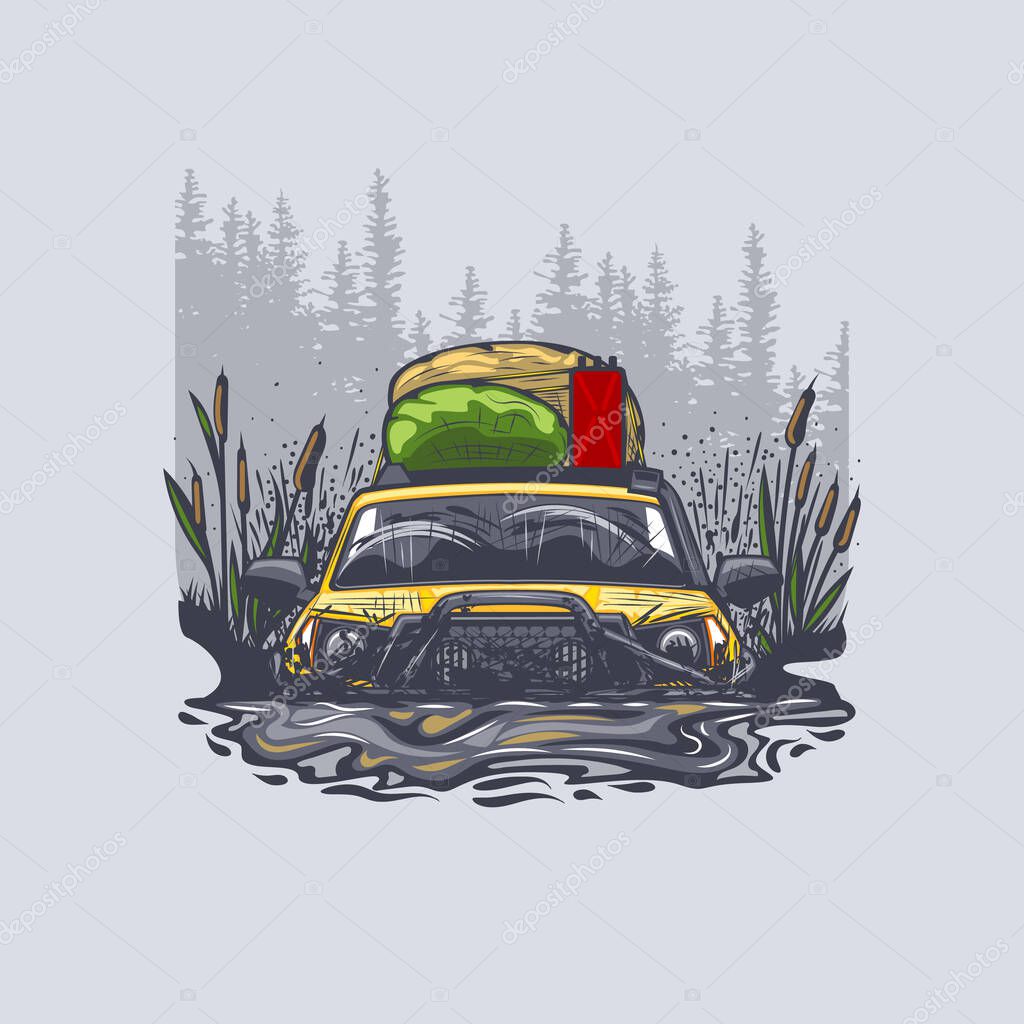Yellow off-road car got stuck in a swamp with luggage on the roof.