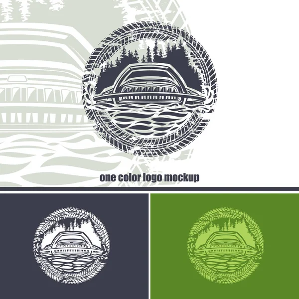 Logotipo Redondo Con Suv Sobre Fondo Forestal Huellas Ruedas Diseño — Vector de stock