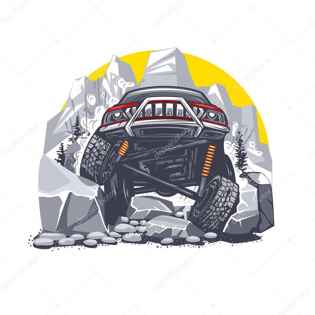 Illustration of an off-road red car overcoming difficult obstacles in the mountains. Can be used for printing on T-shirts.