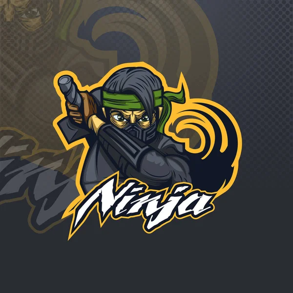 Ninja Com Esport Atacante Bandana Verde Logotipo Equipe — Vetor de Stock