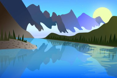 Göle yansıyan dağların ve ayın görüntüsü