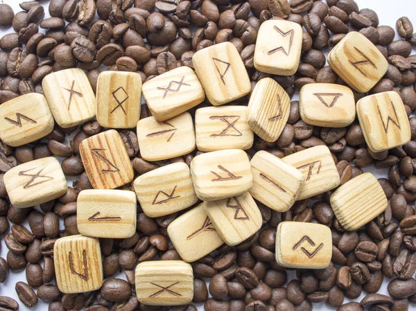 Runes Made Wood Background Coffee Beans — Stock Photo, Image