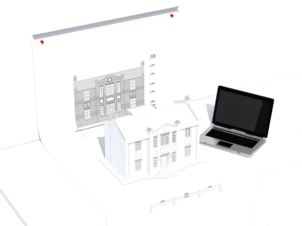 Model domu a laptop na stole — Stock fotografie