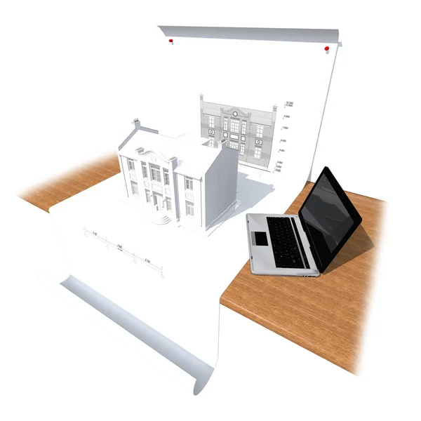 Модель дома и ноутбука на столе — стоковое фото