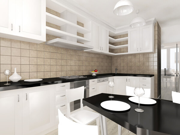 Modern interior of the kitchen rendering