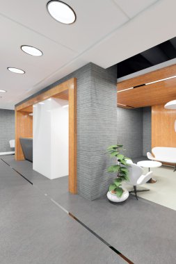 ofis lobisinde bir resepsiyon masası ile