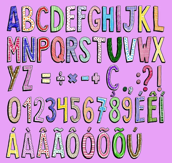 Handgezeichnete Bunte Buchstaben Zahlen Mathematische Zeichen Akzente Kommata Punkte Ende — Stockvektor