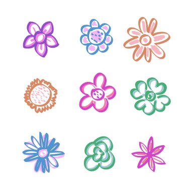 Farklı renk ve stillerde el çizimi renkli çiçekler.