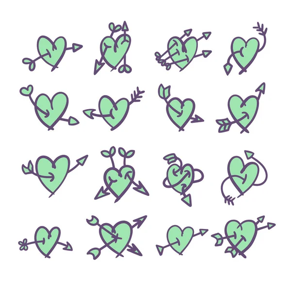 Dibujado Mano Púrpura Verde Lindo Corazones — Vector de stock