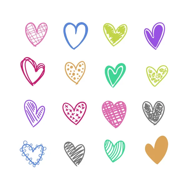 Sixteen Handmade Colorful Vector Hearts — Stock Vector