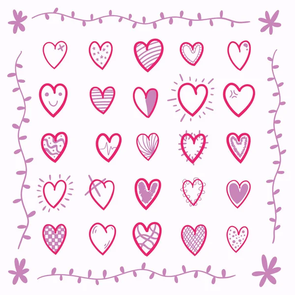 Hand Drawn Cute Pink Hearts Vector Set — Stock Vector