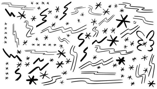 Elementi Disegnati Mano Lettering Vector Stelle Linee Strisce Scintille Shinning — Vettoriale Stock