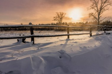 Kış manzarası. Kış odunu ve göl buzla kaplı.