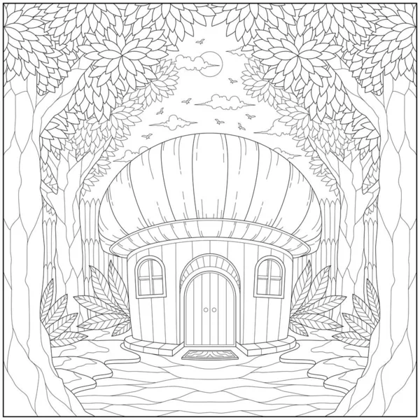 Fantasia Casa Cogumelo Floresta Adulto Criança Página Para Colorir Ilustração —  Vetores de Stock
