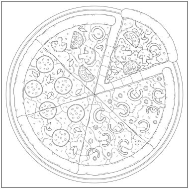 Tavada nefis pepperoni peynirli pizza. Yetişkinler ve çocuklar için öğrenme ve eğitim boyama sayfası illüstrasyonu. Çizim biçimi, siyah beyaz çizim