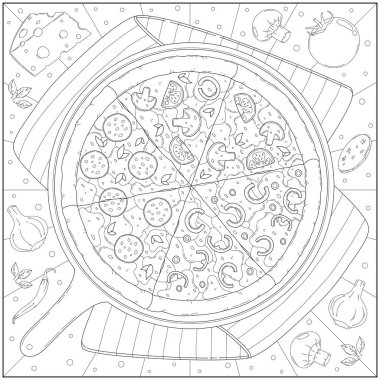Lezzetli pepperoni peynirli pizza ve tavadaki malzeme. Yetişkinler ve çocuklar için öğrenme ve eğitim boyama sayfası illüstrasyonu. Çizim biçimi, siyah beyaz çizim