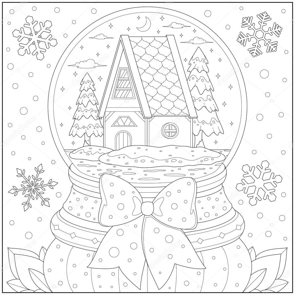 Fantasy miniature of house in the glass ball souvenir with beautiful ribbon. Learning and education coloring page illustration for adults and children. Outline style, black and white drawing.