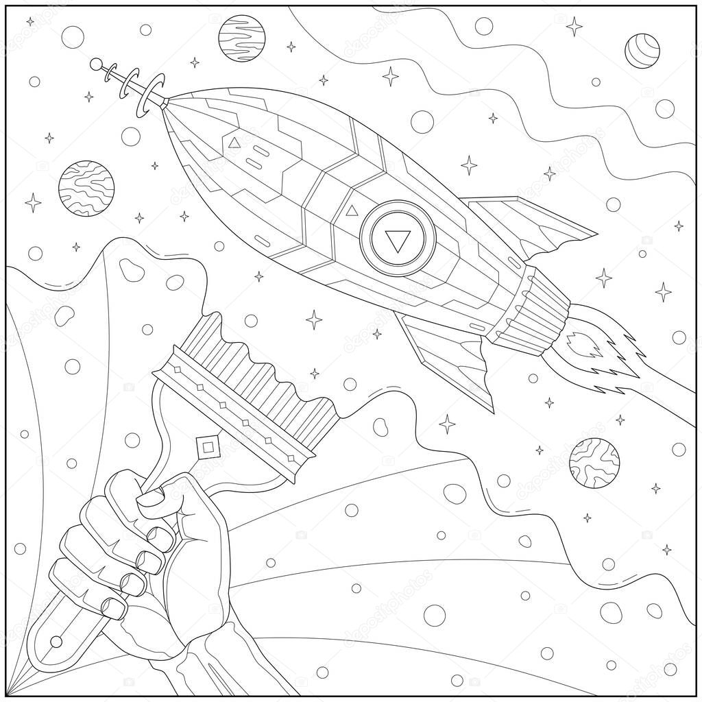 Fantasy outer space and space ship painted with brush. Learning and education coloring page illustration for adults and children. Outline style, black and white drawing.