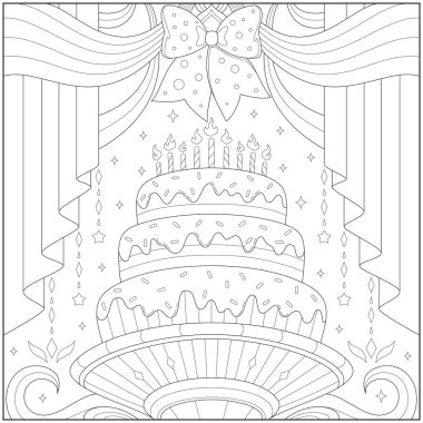 Süs olarak güzel perdesi ve kurdelesi olan lüks düğün pastası. Yetişkinler ve çocuklar için öğrenme ve eğitim boyama sayfası illüstrasyonu. Çizim biçimi, siyah beyaz çizim