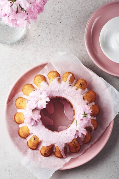 Festive Bundt Cake Pink Glaze Cherry Flowers — Stock Photo, Image