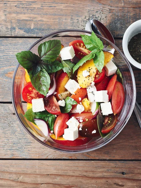 Salad Tomatoes Peach Red Onion Feta Cheese Basil Top View — Stock Photo, Image