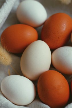 Ev yapımı tavuk yumurtaları havlunun üzerinde. Kırsal tarzda yumurtalar. Havludaki yumurtalar yatay. Beyaz ve kahverengi tavuk yumurtaları. Tarım. Kahvaltılık yemek. Paskalya yumurtaları. Çiftlik ürünleri