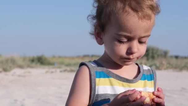 Маленький мальчик на пляже ест булочку. Мальчик голоден — стоковое видео