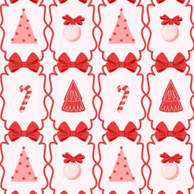 Çerçevesi, süsü, bastonu şekeri, Noel ağacı ve kurdelesi olan kusursuz bir desen. Kış bayramı festivali geçmişi. Pembe kız ambalaj kağıdı ve tekstil tasarımı. Düz vektör illüstrasyonu.