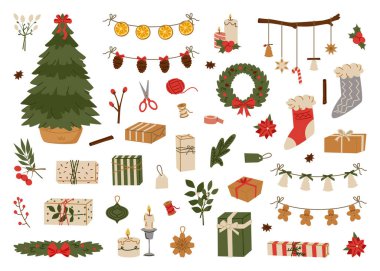 Yeni yıl doğal dekoru. El yapımı Noel ağacı, kraft hediye kutusu, mum, kutsal çilek, zencefilli kurabiye, çelenk, çorap, kurutulmuş portakal kurdelesi. Kış tatili ürünleri. Vektör illüstrasyonu.