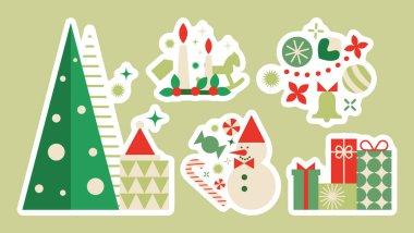 Minimalist geometrik Noel çıkartmaları seti. El çizimi ağaç, mumlar, oyuncaklar, kardan adam, hediye kutuları, şekerler, süsler ve yıldızlar. Kış tatili tasarımı. Yeni yıl dekorasyonu. Vektör illüstrasyonu.