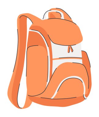 Kayışlı turuncu sırt çantası ve flep kapağı. Çocuklar için okul çantasına geri dönelim. Gezmek, yürüyüş yapmak, spor yapmak ve çizgi film tarzında yürüyüş yapmak için turistik çanta. Düz izole vektör illüstrasyonu.