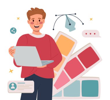 Serbest dijital ressam dizüstü bilgisayarına resim çizer. Grafik tasarımcısı bilgisayar yazılımında çalışıyor. Web tasarımcısı UX UI ögeleri için web arayüzü oluşturdu. Arka planda renkli paletler. Vektör illüstrasyonu.