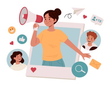Megafonlu bir kadın sosyal medyada bağlantı kurmayı teşvik ediyor. Yönlendirme programı pazarlamayı etkiliyor. İnternet reklam izleyicileriyle iletişim. Referans arkadaş için ödül. Vektör illüstrasyonu.
