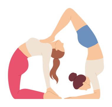 Spor kıyafetlerindeki kadınlar akrep ve deve pozisyonunda çift yoga yapıyor. Fitness kızları vrschikasana ve ustrasana pilates egzersizlerini birlikte yaparlar. Kadın karakterler çift egzersizi. Vektör illüstrasyonu.