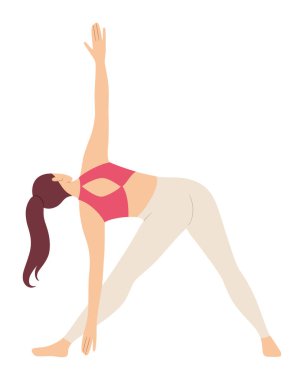 Pembe bluzlu ve beyaz taytlı kadın üçgen yoga pozu veriyor. Esmer kız trikonasana pilates egzersizi yapıyor. Çizgi film kadın karakteri at kuyruğu jimnastik eğitimi alıyor. Vektör illüstrasyonu.