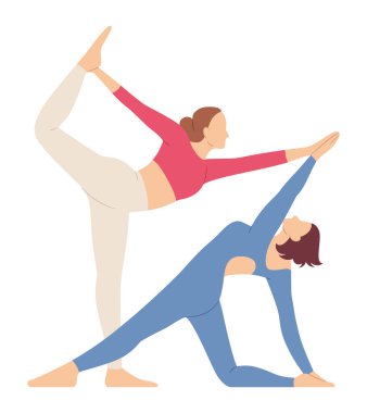 Spor kıyafetleri giymiş kadınlar üçgen ve dans pozunda yoga yapıyor. Fitness kızları trikonasana ve natarajasana pilates egzersizlerini birlikte yaparlar. Kadın karakterler çift egzersizi. Vektör illüstrasyonu.