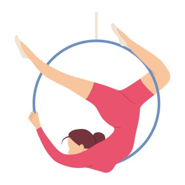 Kadın sinekle yoga yapıyor zarif bir poz veriyor ve baş aşağı asılı duruyor. Pembe spor giysili kadın karakter akrobasi yapıyor ve lira yüzüğü üzerinde denge egzersizleri yapıyor. Vektör illüstrasyonu.