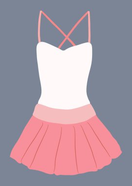 Klasik balerin beyaz taytlı, sırtı çapraz kayışlı ve pembe etekli. Bale ve jimnastik eğitimi için kadın elbisesi. Dans için şık kıyafetler giyersin. İzole vektör illüstrasyonu