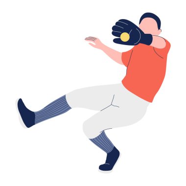 Beyzbolcu takım oyunu sırasında eldivenle topu yakalar. Turuncu gömlekli ve beyaz pantolonlu erkek sporcu dinamik denge pozisyonunda oynuyor. Sporcu sahada enerji ve hareket gösteriyor. Vektör illüstrasyonu.