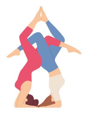 Spor giyinen kadınlar, başucu simetrik pozlarda çift yoga yapıyorlar. Fitness kızları birlikte ters sirsasana pilates egzersizi yaparlar. Kadın karakter çift egzersizi yapıyor. Vektör illüstrasyonu.