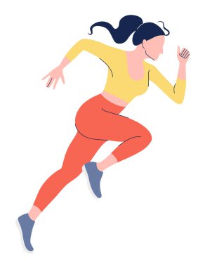 Spor giyim maratonu ya da sprint koşusu yapan atletik bir kadın. Sarı bluzlu ve turuncu taytlı kadın karakter spor müsabakalarında koşuyor. Hareketli koşucu kız poz veriyor. Vektör illüstrasyonu.