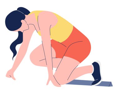 Genç atletik kadın başlangıç bloğunda düşük başlangıç pozisyonunda, koşu pistinde koşmaya hazır. Kadın koşucu yarışmaya hazırlanıyor. Yarıştan önce odaklan ve konsantre ol. Vektör illüstrasyonu.