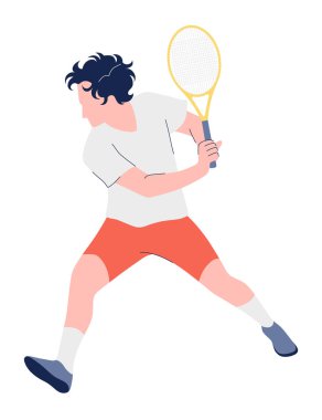 Kırmızı şortlu ve elinde raket olan beyaz tişörtlü erkek tenisçi topa vurmak için sallanıyor. Takım oyunu oynayan dinamik poz veren atlet. Aktif açık hava oyun eğitimi konsepti. Vektör illüstrasyonu.