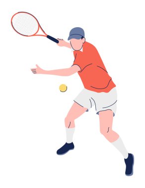 Kırmızı şortlu ve elinde raket olan beyaz tişörtlü erkek tenisçi topa vurmak için sallanıyor. Takım oyunu oynayan dinamik poz veren atlet. Aktif açık hava oyun eğitimi konsepti. Vektör illüstrasyonu.